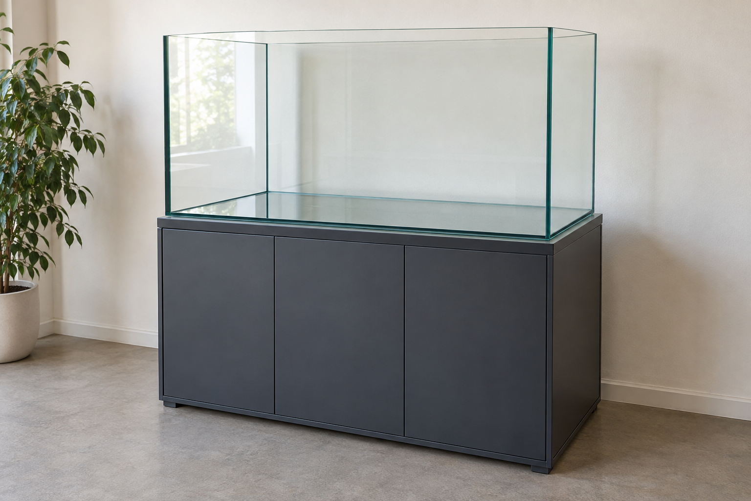 Leeres rechteckiges Glasaquarium auf einem dunklen Unterschrank in einem Innenraum.