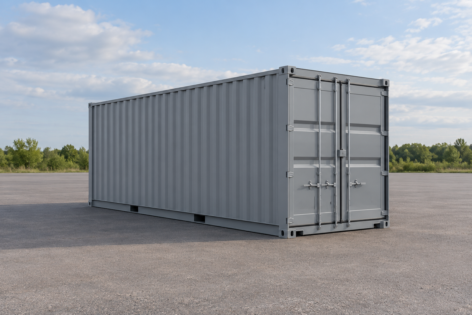 Ein einzelner unmarkierter grauer Lagercontainer auf einer freien befestigten Außenfläche.