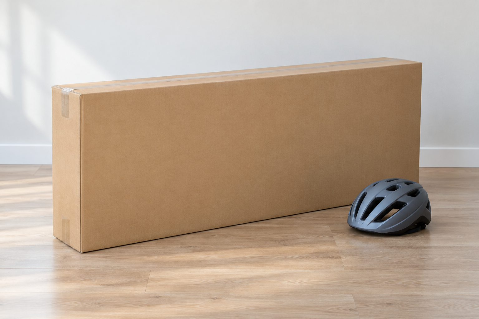 Langer geschlossener unbeschrifteter Karton neben einem grauen Fahrradhelm.