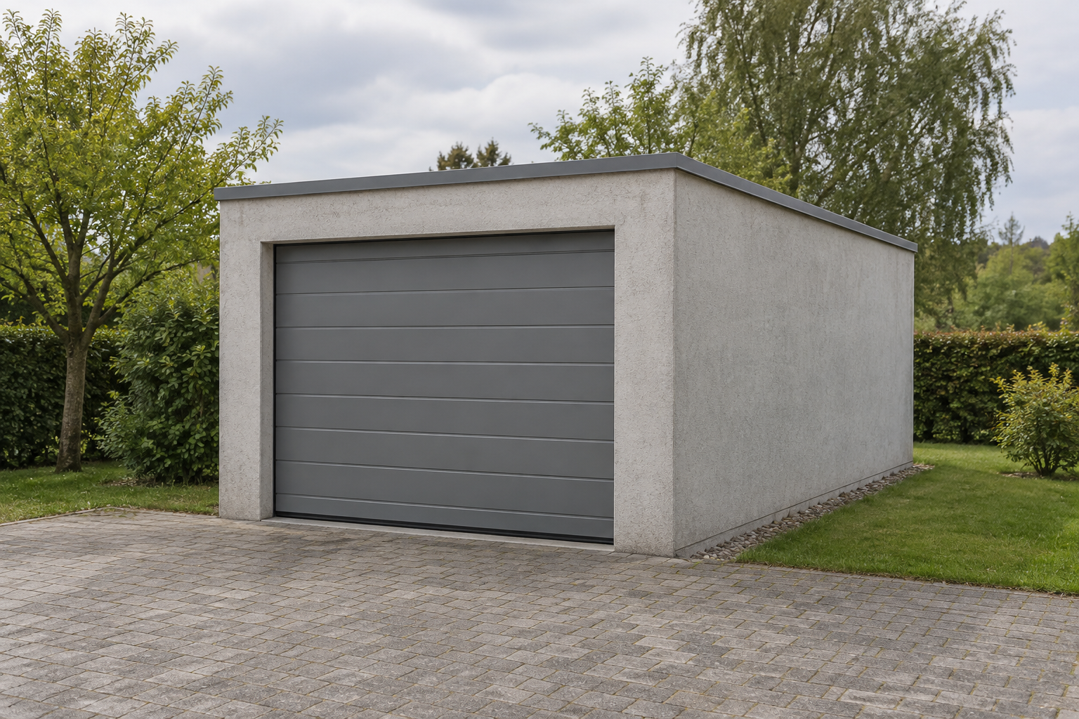 Freistehende hellgraue Garage mit geschlossenem grauem Tor an einer gepflasterten Zufahrt.