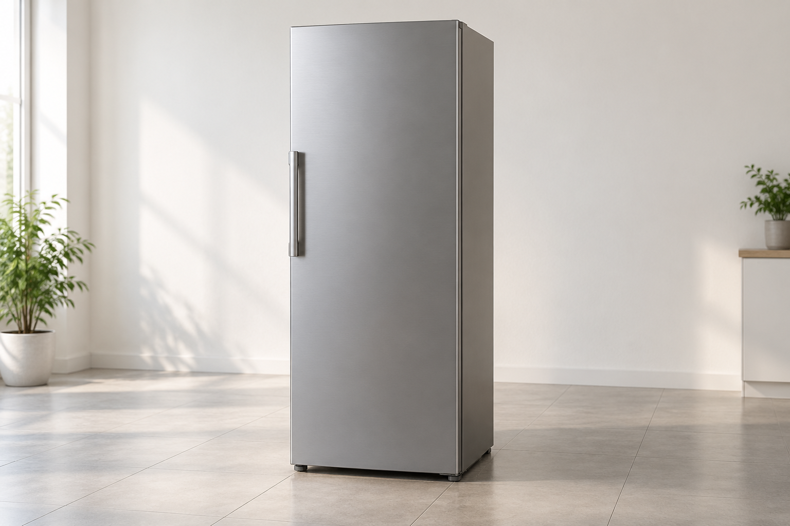 Ein unmarkierter geschlossener Kühlschrank steht aufrecht auf einem ebenen Boden.