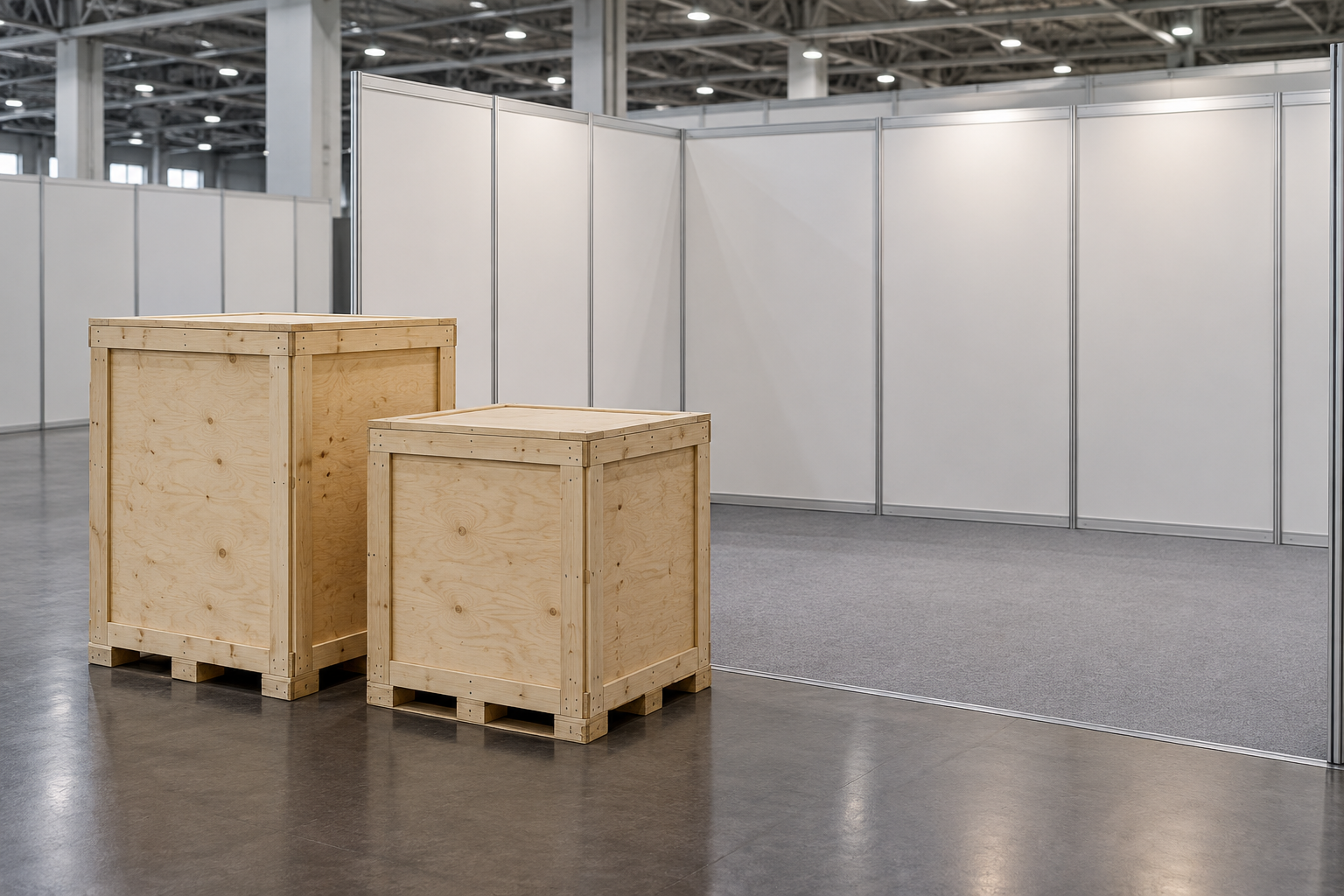 Zwei geschlossene, unbeschriftete Holzkisten neben einem leeren Ausstellungsbereich in einer Halle.