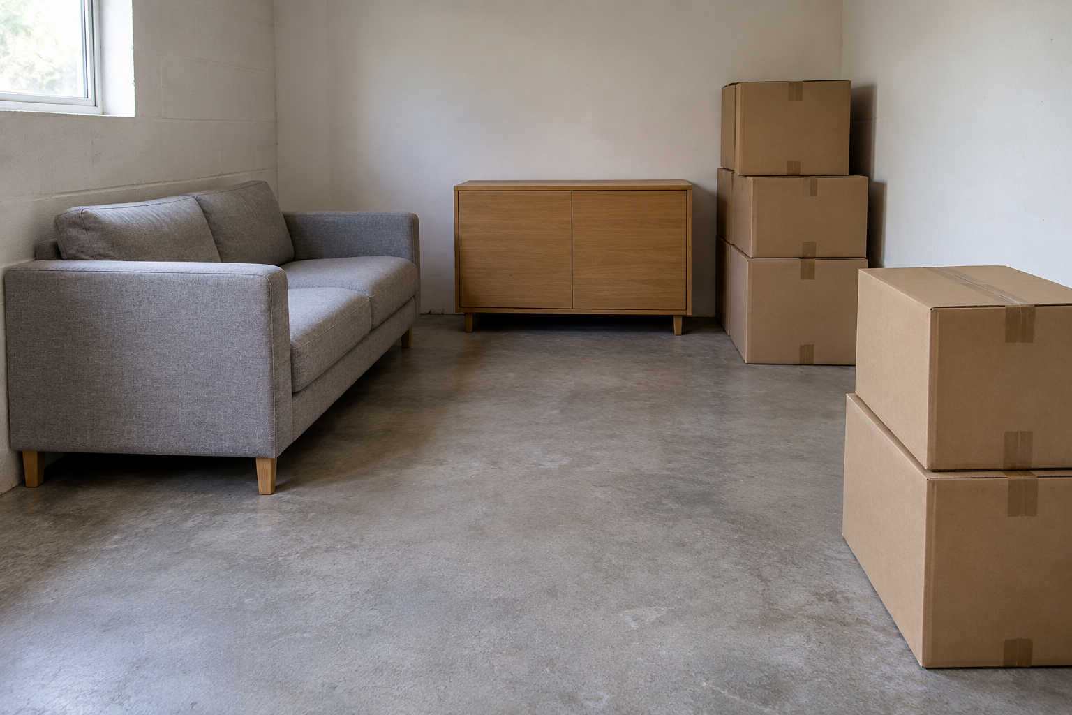 Ein Sofa, ein niedriger Holzschrank und geschlossene Umzugskartons in einem schlichten Raum.