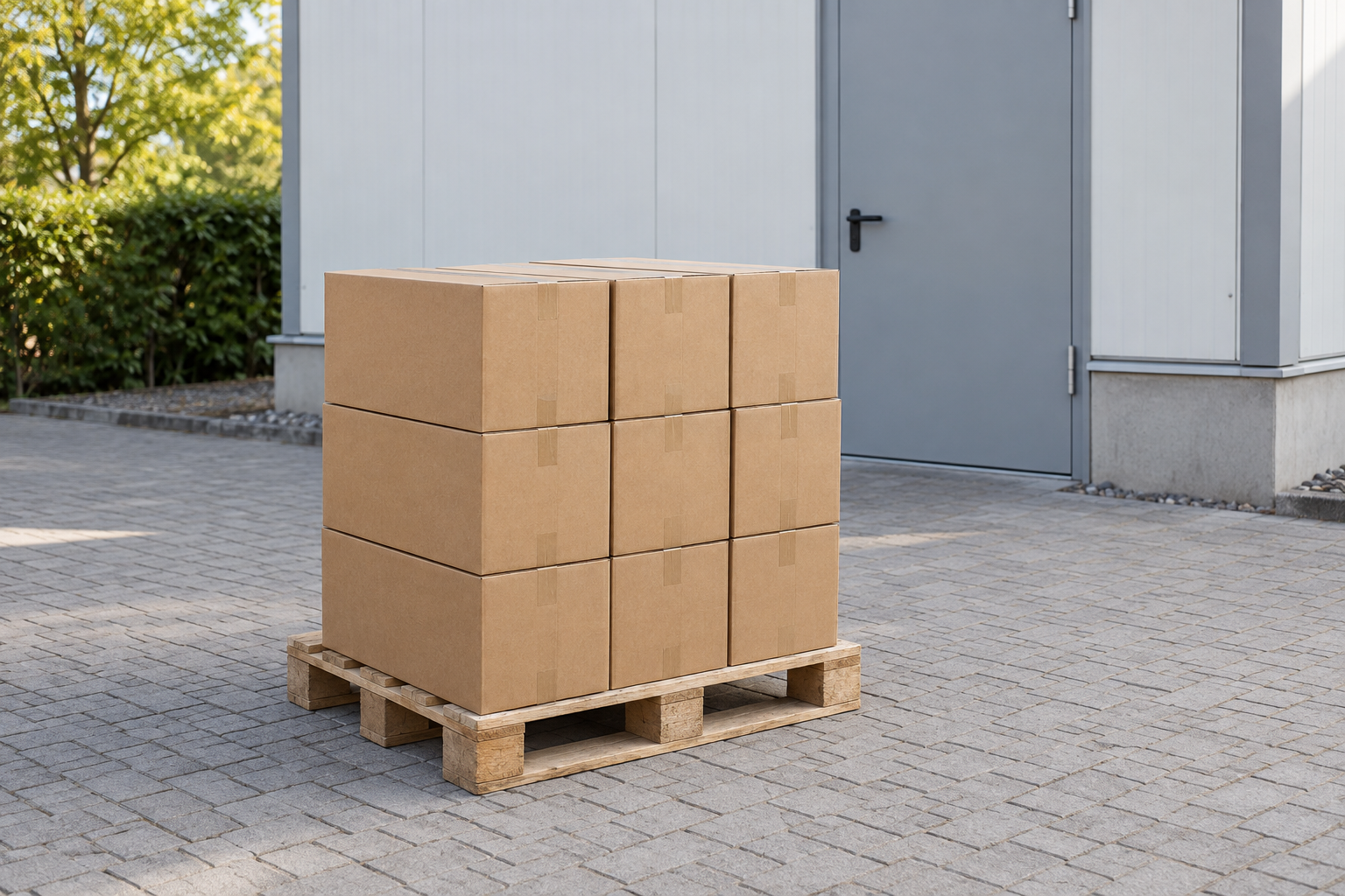 Unbeschriftete Kartons auf einer Holzpalette vor einem Lagergebäude.