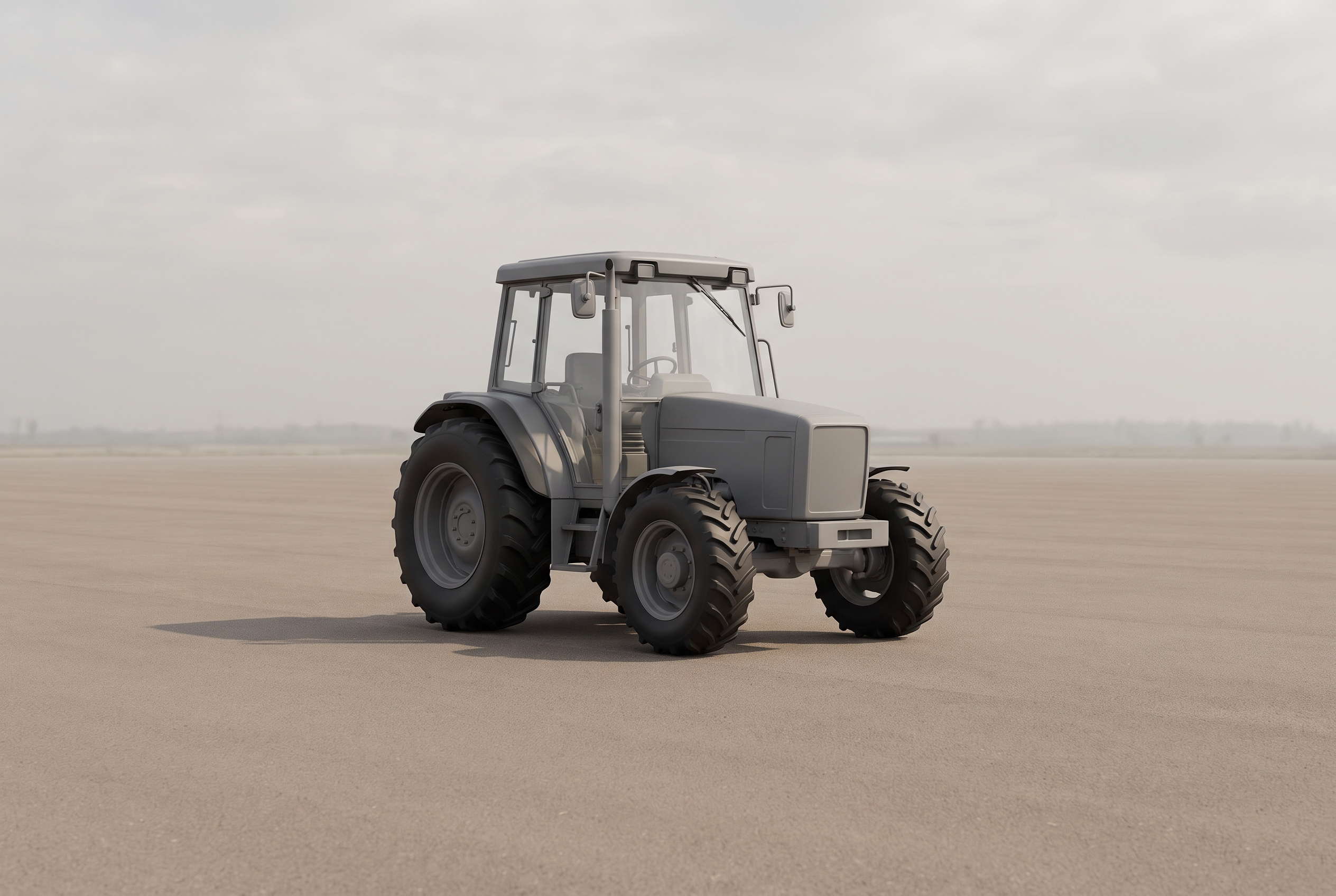 Ein unmarkierter Traktor steht auf einer freien ebenen Fläche.
