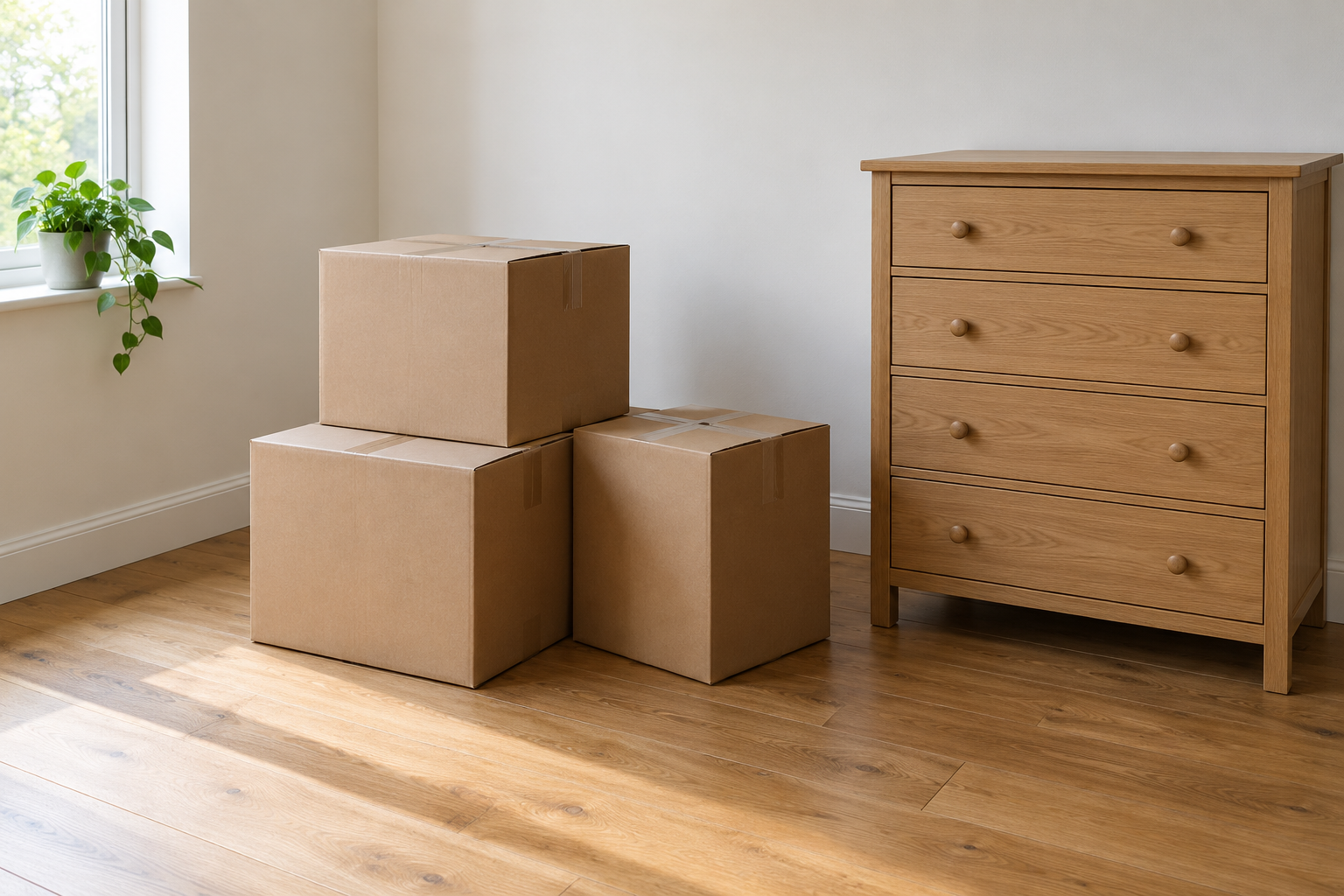 Drei geschlossene, unbeschriftete Umzugskartons neben einer Holzkommode in einem hellen Zimmer.